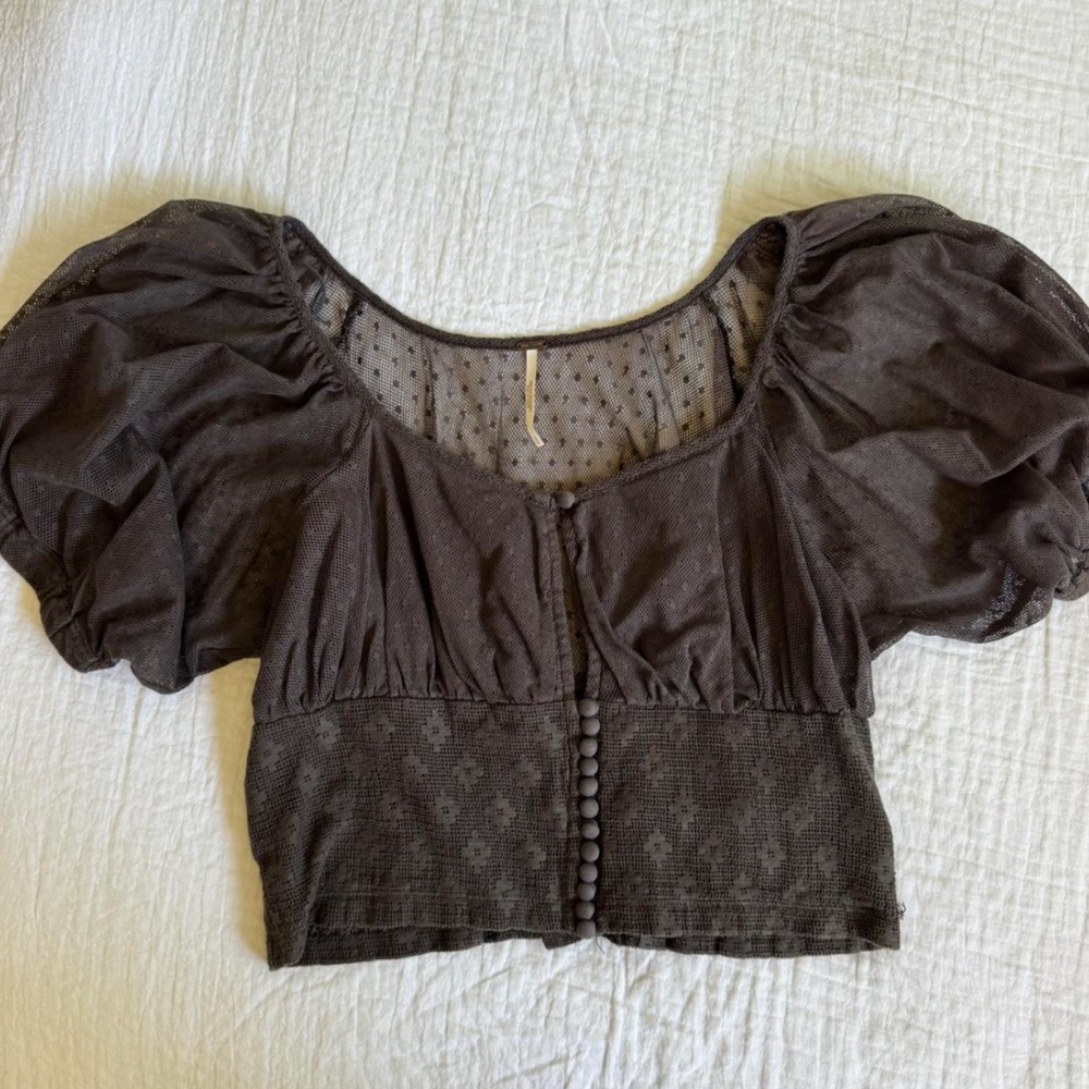 Free People Gray Puff Sleeve Cropped Mesh Blouse